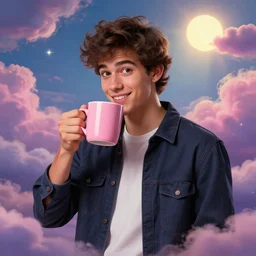 portrait of a ( ( ( una taza de cafe grande y rosa ) ) ), ( ( futuro hermoso joven caliente portugues macho alegre ) ), lleno de nubes y magia, el sol, concept character, by greg rutowski and tezuka and oi and mucha and bierstadt and remington, trending on artstation