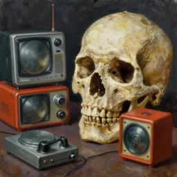 a pensive skull observing 8 0 s era technology, vintage shapes, retro technology, vintage color, wayne barlow, oil on canvas, deep depth of field, masterpiece, cinematic composition, hyperdetailed