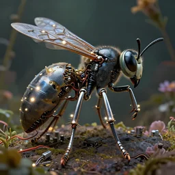 3D render of intricate wasp, biopunk cyborg wasp, shiny textured plastic shell, hinged titanium legs, wires, pinned joints, glowing LEDs, cables, antennae, circuitry, chips, capacitors, dramatic lighting, highly detailed digital painting by H.R. Giger and WLOP and Ernst Haeckel, background natural flower, foliage, octane engine render 8k HDR