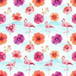 beach flowers and flamingos and ocean water motifs, repeating, seamless, tileable, colors are pantone 2 7 6 c on raspberry on orange on electric purple on red, rebecca alred, melissa sixma, ingrid johnson, paige spearin, avantika subramanian, deepak yadav, abbey holden, erin stein