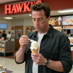 Arnold Schwartzenegger as Vecna from Stranger Things ordering ice cream from Hawkings mall