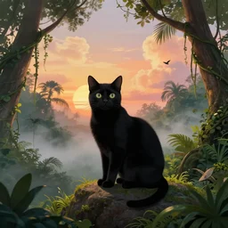 a black cat seated on a rock in a jungle!, mist, tropical trees, vines, birds, sunset!, fluffy clouds, warm colors, beautiful lighting, digital art, intricate details, trending on artstation