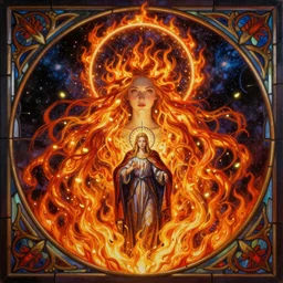 ultra realist breathtaking detailed soft painting of a beautiful fire bride in the cosmos, a circle of light around her head, long fire hair and dress of fireflies, symmetrical facial features, christian saint in the middle of a stained glass of flames, intricate art nouveau frame, by Tom Bagshaw, wlop, trending on artstation
