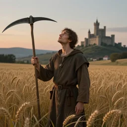 fantasy portrait of a wistful serf looking up at the sky holding a scythe standing in a field of tall wheat on beautiful summer evening, a medieval castle on a hill in the background, trending on artstation, digital illustration ( by brad rigney ) ( by greg rutkowski ) ( by artur treffner )