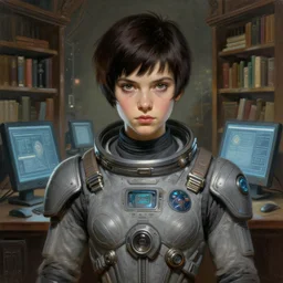an epic fantasy comic book style portrait painting of a young dark haired girl with a pixie cut wearing a grey spacesuit, standing in front of a computer library, intelligent face, sci - fi, intricate, elegant, highly detailed, digital painting, artstation, concept art, matte, sharp focus, illustration, art by artgerm and greg rutkowski and alphonse mucha