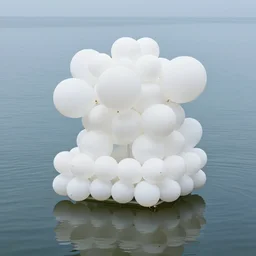 many white balloons are stacked together to form a building on the calm water, designed by antti lovag