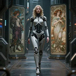 ultra realistic, beautiful female cyborg walking down a hallway, in a space metropolis, sci-fi, intricate details, eerie, highly detailed, octane render, 8k, art by artgerm and alphonse mucha and moebius
