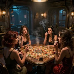 women in the interior of a steampunk apartment, Joe Madureira style, night time, smoking cigarettes, playing board games, artstation, cgsociety, zenith view