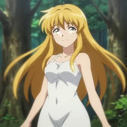 isekai beautiful grinning anime girl hestia danmachi, kamisama standing in forest. flat face. beautiful face, catchlight, aesthetic, golden ratio. beautiful lineart, ranking on contest, artstation, soft lighting, artistic pose, character concept, cinematic, motion blur, chromatic abberation. anime tv screenshot.