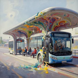 a beautiful insanely detailed modern bus station intricate detailed color smashing fluid oilpaint, 3 d render, hyper realistic detailed, melting wax, fluid acrilic, thin fractal tendrils, scifi, fantasy, hyper detailed, octane render, concept art, by peter mohrbacher, by wlop, by ruan jia