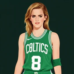 emma watson wearing boston celtics uniform, retrowave fanart, digitalart