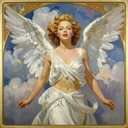 beautiful color oil painting of clara bow as a winged angel, clouds from the heavens in the background, midriff. inspired by artstation, artgerm, wlop, and harry ekman. border inspired by alphonse mucha