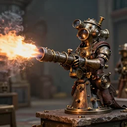 long shot photo of a steampunk flamethrower