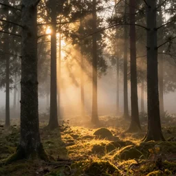 swedish forest, photoreal, dawn, hazy, fog, golden hour, sunlight, beautiful!!!!!!!!!, cinematic, atmospheric