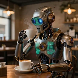 a steampunk robot made of matrix code sipping coffee in a hipster coffee shop, 8 k, hdr lighting