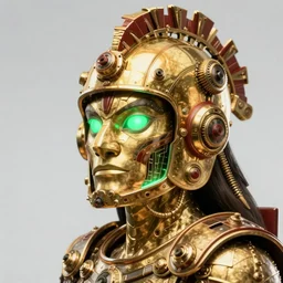 awardwinning portrait photo of quetzalcoatl, wearing a glowing golden and red metallic steampunk helmet with green glowing tubes and shiny metallic devices, 3 d render, crisp, 8 k, fluorescent colors, insanely integrate, nikon photography
