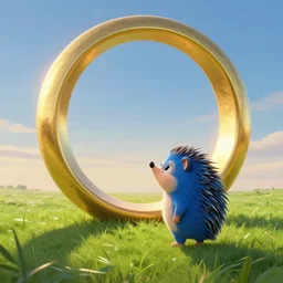 ( ( a cute a blue hedgehog looking up at a large ring made of gold in the sky. cover art. ) ), large gold ring!, blue fur, gold ring, beautiful green grassland, early morning hours, long shadows, extremely detailed, fantasy painting, by jean - baptiste monge!!!!