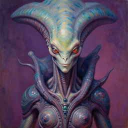 perfectly centered portrait, front view of an extremely high reptilian alien, female, intense stare, vril, symmetrical, concept art, intricate detail, volumetric shadows and lighting, beautiful colors, vibrant, realistic oil painting by gustave dore and alex grey,