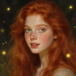 portrait of a red haired girl, green eyes, hint of freckles, soft amazed smiles, among golden fireflies, highly detailed, deep focus, elegant, digital painting, smooth, sharp focus, illustration, ultra realistic, 8 k, art by artgerm and alphonse mucha