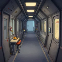 in a passage way, inside a small cargo spaceship, from a point and click 2 d graphic adventure game, art inspired by thomas kinkade and mark keathley