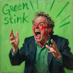 painting by 'jon hale'!! of 'chuck mcgill'! 'michael mckean'!! screaming, enraged, stink!!! 'green stink lines'!! constipated!!! red face