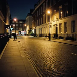 photo, london cobblestone street at night, 5 0 mm f / 1. 4, cinestill 8 0 0,