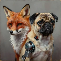 cinematic bust portrait of psychedelic Fox and Pug from left, head and chest only, exotic alien features, robotic enhancements, desaturated, Tim Hildebrandt, Wayne Barlowe, Bruce Pennington, donato giancola, larry elmore, oil on canvas, masterpiece, trending on artstation, featured on pixiv, cinematic composition, dramatic pose, beautiful lighting, sharp, details, hyper-detailed, HD, HDR, 4K, 8K