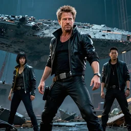 movie still frame, photorealistic, cyberpunk harrison ford in epic pose, a starship wreckage in the background, beautiful composition, 8 k, cgi, by akira kurosawa and shinya tsukamoto