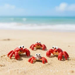 three small red anthropomorphic hermit crab on sandy beach
