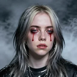 Billie Eilish bleeding out of her eyes, cyberpunk, surrounded by smoke, award-winning art, hyperrealistic, by Sam Spratt, by Vlad Rodriguez, trending on Artstation, dark, dramatic, cinematic, realistic studio lighting, raytracing, 4k, professional, canon