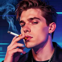 close up portrait of matthew mercer smoking a cigarette, synthwave, digital art