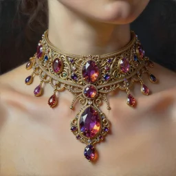 highly detailed oil painting, art nouveau, ornate, delicate, brilliant magical gemstones choker, around a neck, octane render, realistic, dramatic light, 3 d, photograph 4 k,