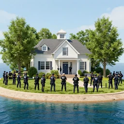 fbi raid on epstein island with many agents swarming photorealistic
