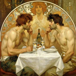2 muscular attractive men having dinner, painting by gaston bussiere, craig mullins, greg rutkowski, alphonse mucha
