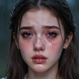 ilyana vyulnika as a young princess in the dark, crying eyes, tears, leaked mascara, lipgloss, portrait, closeup, cute freckles, gloss effects, and exaggerated proportions, it's raining, digital art by julia razumova and mel milton, trending on artstation, 4 k high quality