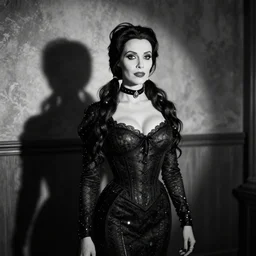 b & w photo of morticia addams as played by donald trump, donald trump as morticia addams