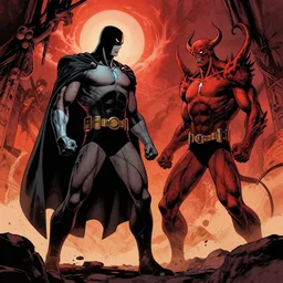 sandman from DC comics, standing in hell facing lucifer, in the style of Jack kirby