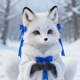 a cute anthropomorphic arctic fox girl anthro wearing indigo ribbons and a fluffy robe, winter park background, very anime!!! kawaii!! furry!! intricate details, aesthetically complementary colors, scenic background, real life fursona photography. trending on artstation, top rated on pixiv and furaffinity