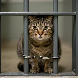 cat in an american prison cell, sad face, handcuffed
