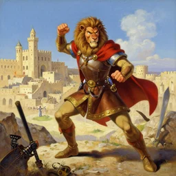a detailed matte landscape painting of king richard the lionhearted as a shonen anime protagonist attacking jerusalem, 8 k, volumetric lighting, in the style of disney, art by albert bierstadt and thomas moran