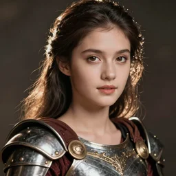 close - up portrait of beautiful young woman dressed gladiator with metallic armor, art by steve mccurry