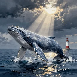whale, sea, lighthouse, illustration, specular reflection, intricate, by danton fadeev