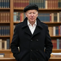 joe biden wearing a black peacoat and a beret, in a library, dean cornwell
