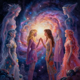 a psychedelic realm at the edge of the known universe, astral beings sharing love!!!!, in the style of greg rutkowski! and wlop and lisa frank! and bob ross!!! and ruan jia, illustration, epic, fantasy, hyper detailed, smooth, unreal engine, sharp focus, ray tracing, iridescent, subsurface scattering