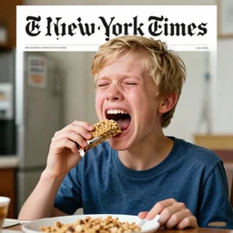 white boy screaming and crying while eating a muesli bar funny photo, award winning photo, beautiful hyper realistic photo, new york times front cover photo, 3 5 mm camera lens
