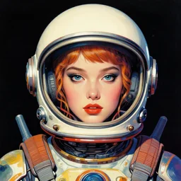 ink illustration, portrait of a beautiful spacegirl with futuristic helmet, medium shot, centered face, hypermaximalist, kodak ektar, intricate, triadic color scheme, retro, highly detailed, concept art, smooth, sharp focus, dramatic lighting. art artgerm and by phil hale and francis bacon