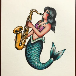 american traditional tattoo art of a mermaid playing the saxophone, sheet paper
