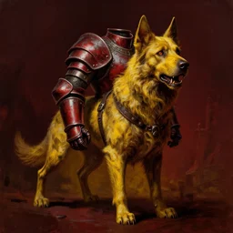 digital drawing of a scary warrior dog in iron armor, concept art, hyper detailed, global light, painted, dark yellow and dark red, low contrast, opaque scene, hdr 8 k, by zdzisław beksinski, seb mckinnon, trending on artstation, cgsociety, deviantart
