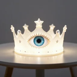 a glowing crown sitting on a table with one beautiful eye mounted on it like a jewel, stars on top of the crown, night time, vast cosmos, geometric light rays, bold black lines, flat colors, minimal psychedelic 1 9 4 0 s poster illustration