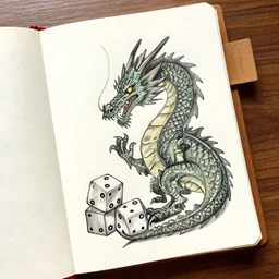 a dragon hoarding dice, journal style